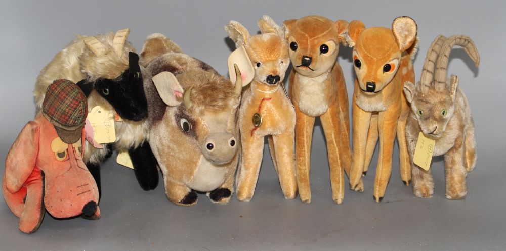 A group of vintage Steiff and other soft toy animals